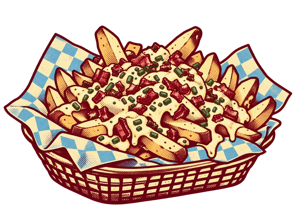 Ilustración retro de patatas fritas con salsa en una cesta