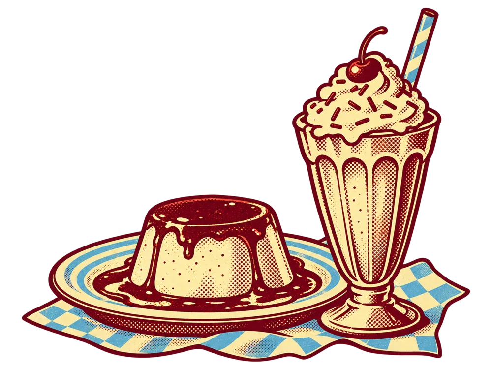 Ilustración retro de flan y milkshake